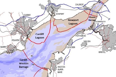 Fig 1: Previously proposed tidal lagoons and barrages on the Severn Estuary. Credit M.Murphy