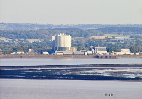 Fig 3: Oldbury Power Station across the Severn, with lagoon and retaining wall seen in the foreground. Credit Google