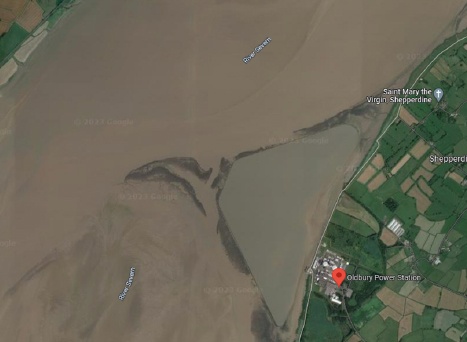 Fig 4: Close-up satellite image of Oldbury Power Station and its lagoon. CreditGoogle
